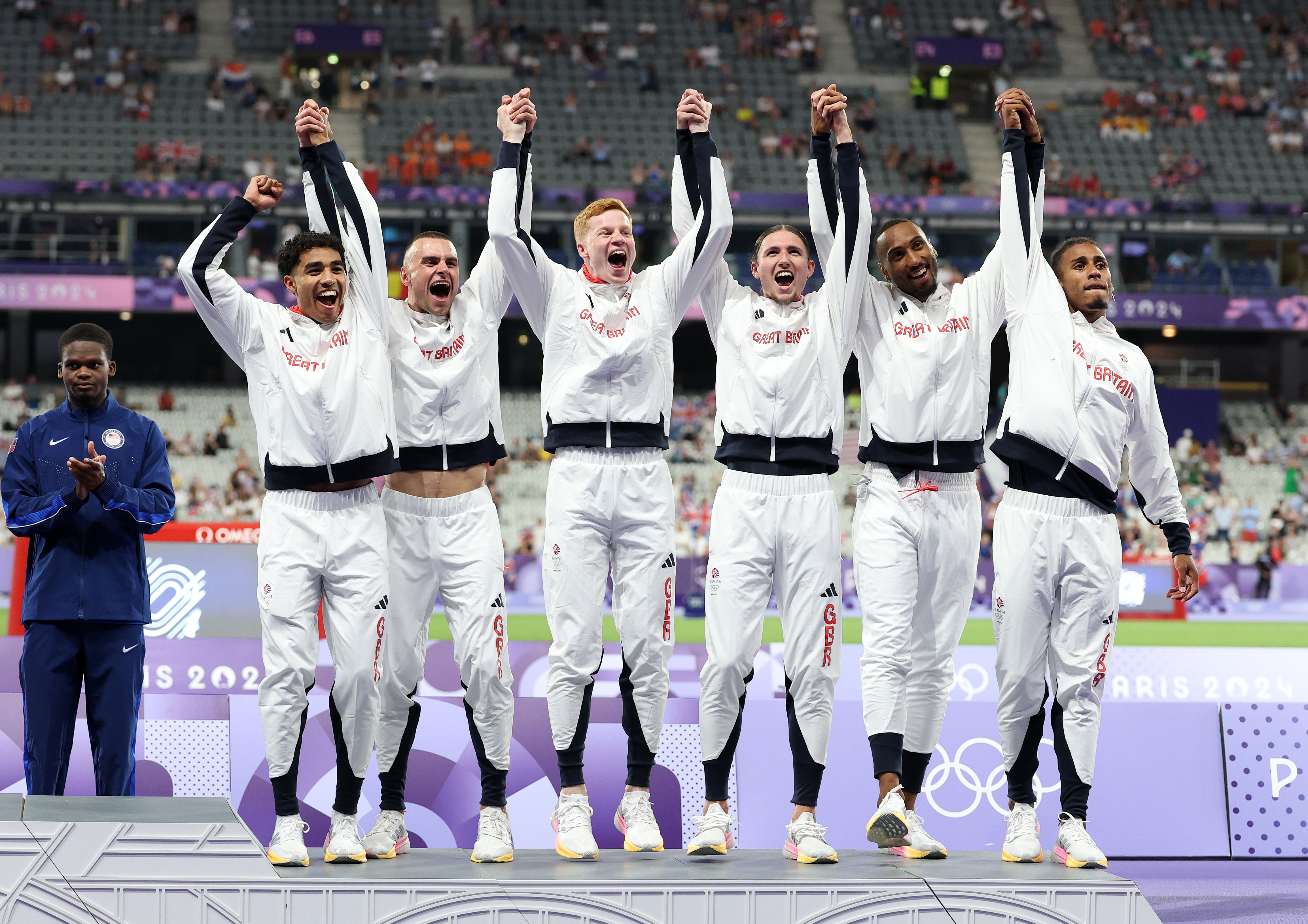 Team GB's bronze medalists for the Men's 4 x 400m Relay during the medal ceremony at the Paris Olympics in Paris, France on August 10, 2024 | Source: Getty Images