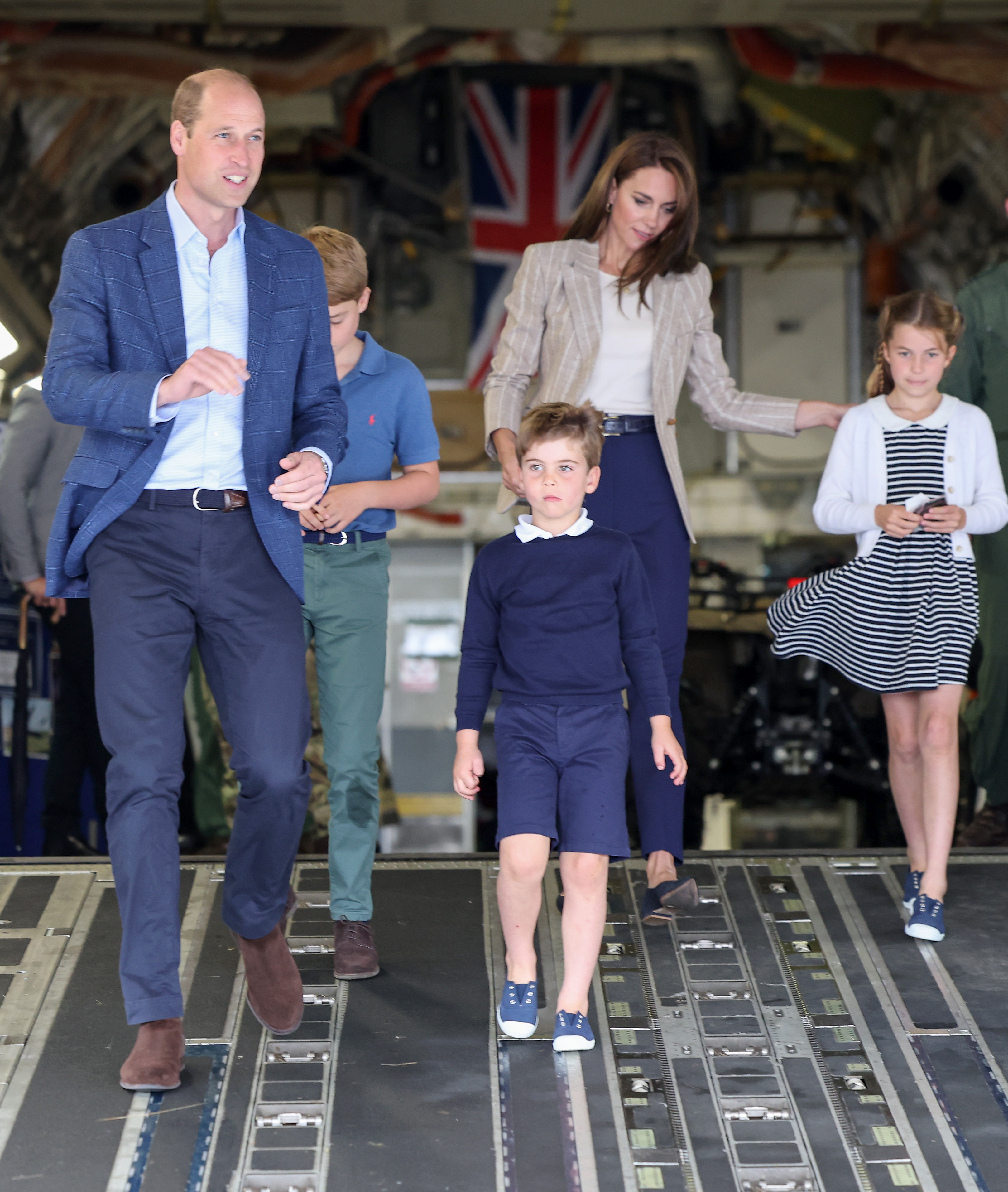 Prince William and Princess Catherine with Prince George, Princess Charlotte, and Prince Louis during their visit to the Air Tattoo at RAF Fairford on July 14, 2023 in Fairford, England | Source: Getty Images