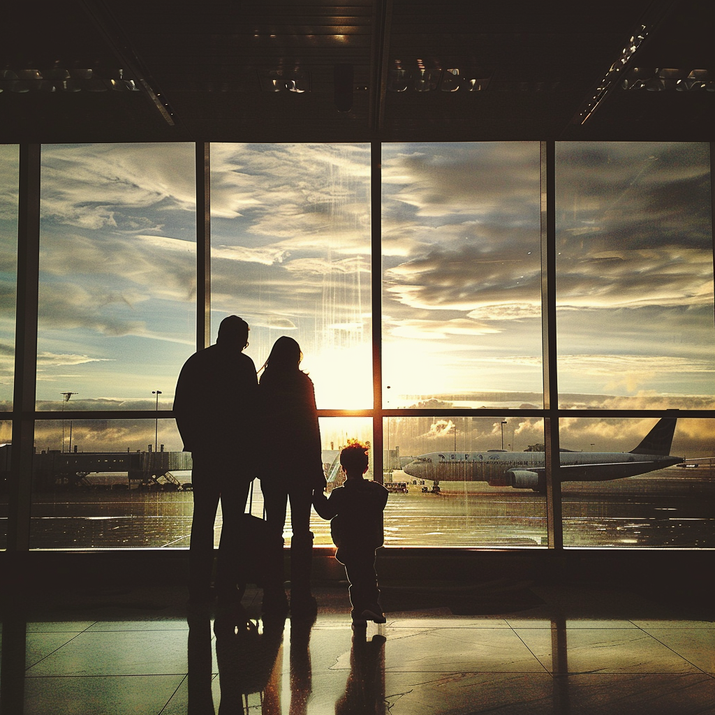 A couple with a toddler at the airport | Source: Midjourney