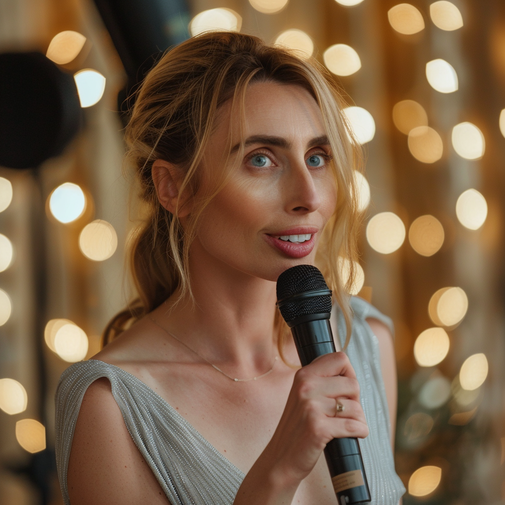 Smiling woman holding a mic | Source: Midjourney