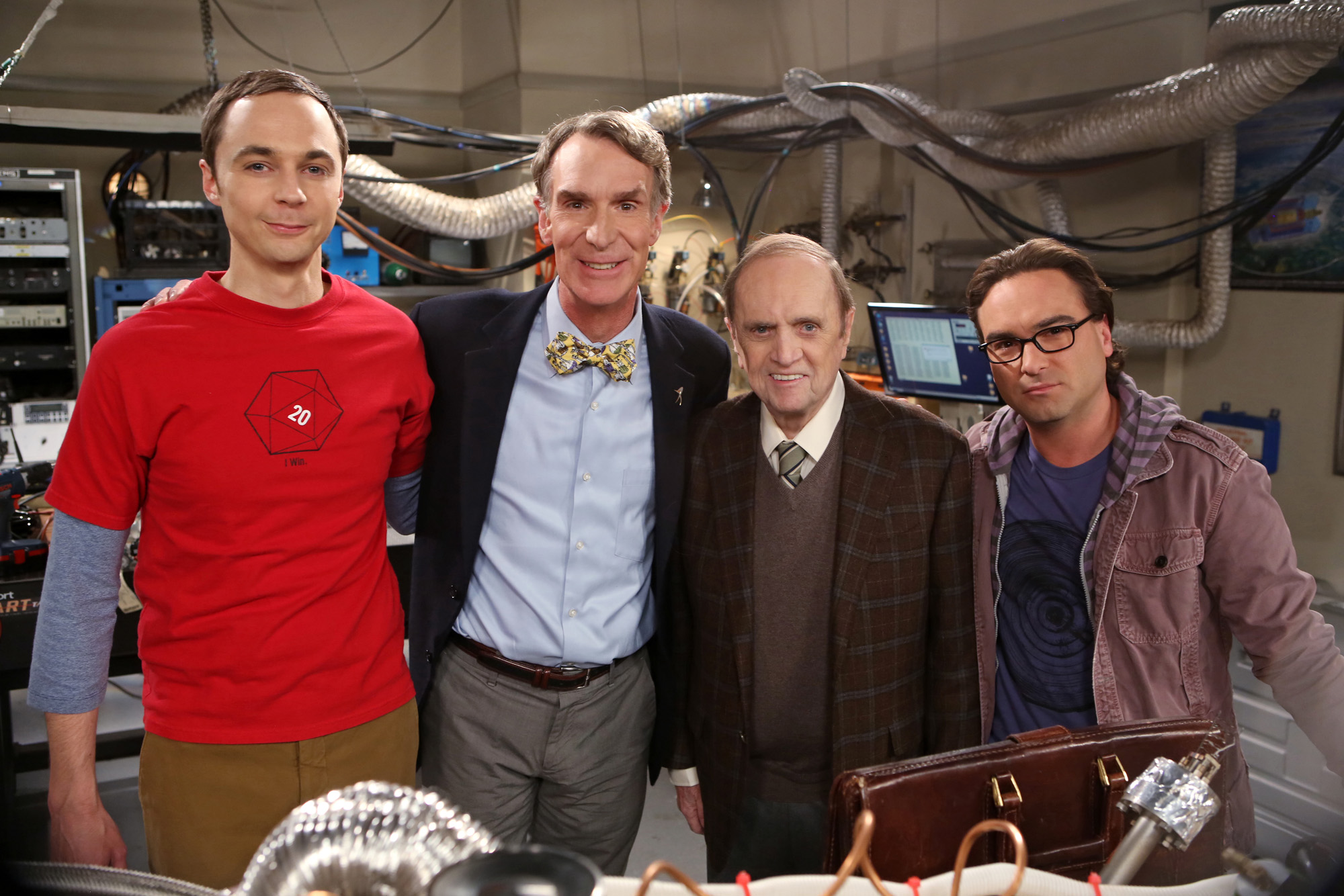 Jim Parsons, Bill Nye, Bob Newhart, and Johnny Galecki on an episode of "The Big Bang Theory" on October 15, 2013 | Source: Getty Images