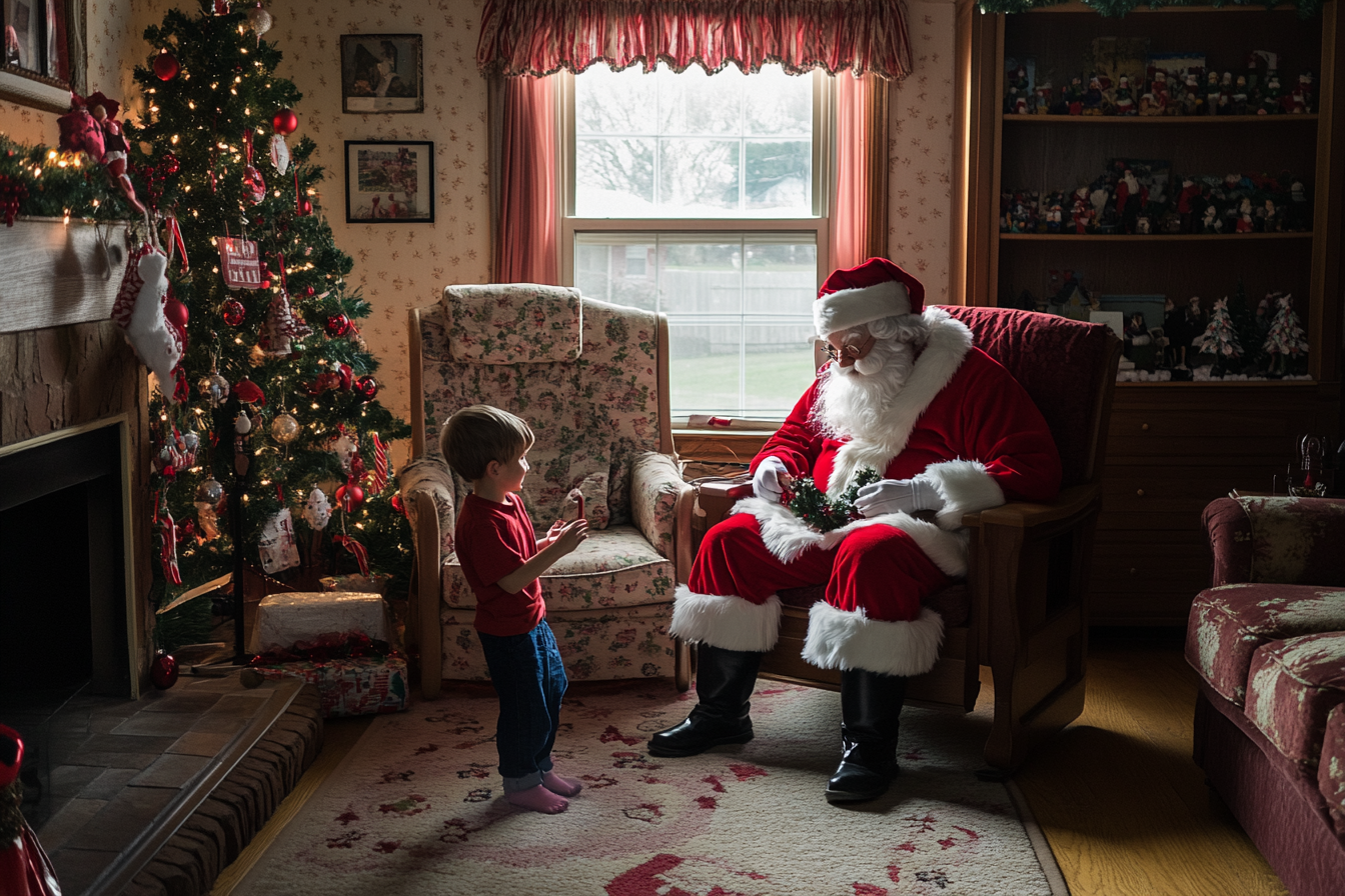 Santa sitting in a living room, playing with a boy | Source: Midjourney