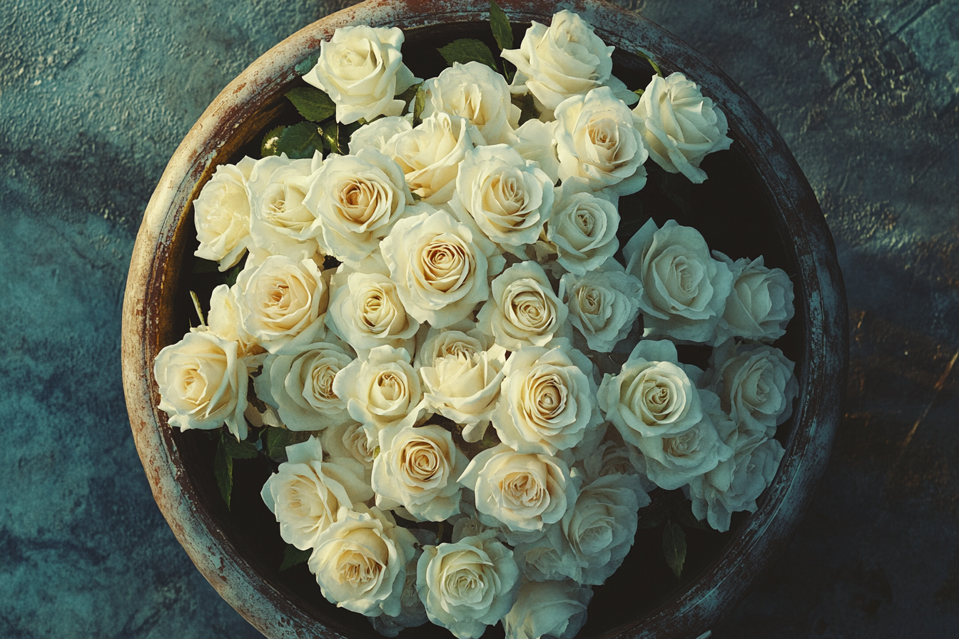 A bouquet of white roses in a trash can | Source: Midjourney