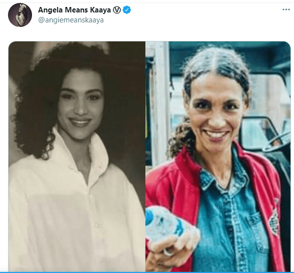 Angela means posts throwback picture side by side a recent picture of her on Twitter. │ Photo: Twitter/angiemeanskaaya