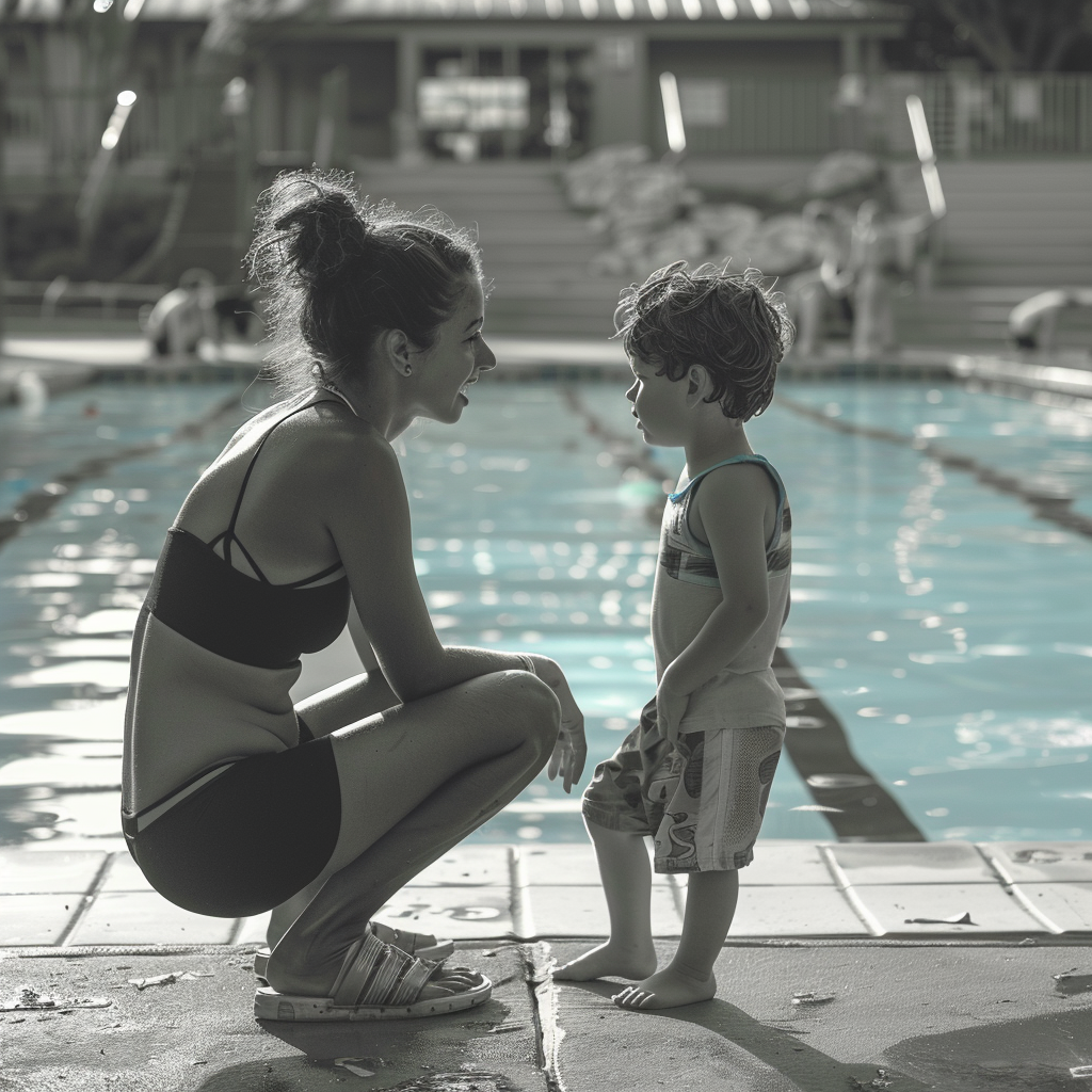 Woman talking to her son by the pool | Source: Midjourney