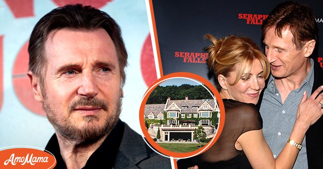(L) Actor Liam Neeson attending "Venganza Bajo Cero" Madrid premiere on July 15, 2019 in Madrid, Spain. (M) Liam Neeson and Natasha Richardson's colonial-style mansion. (R) Actress Natasha Richardson with her husband Liam Neeson Natasha Richardson and Liam Neeson during a special screening of "Seraphim Falls" at the Tribeca Grand Hotel on January 23, 2007 in New York City. / Source: Getty Images and YouTube/@The Richest