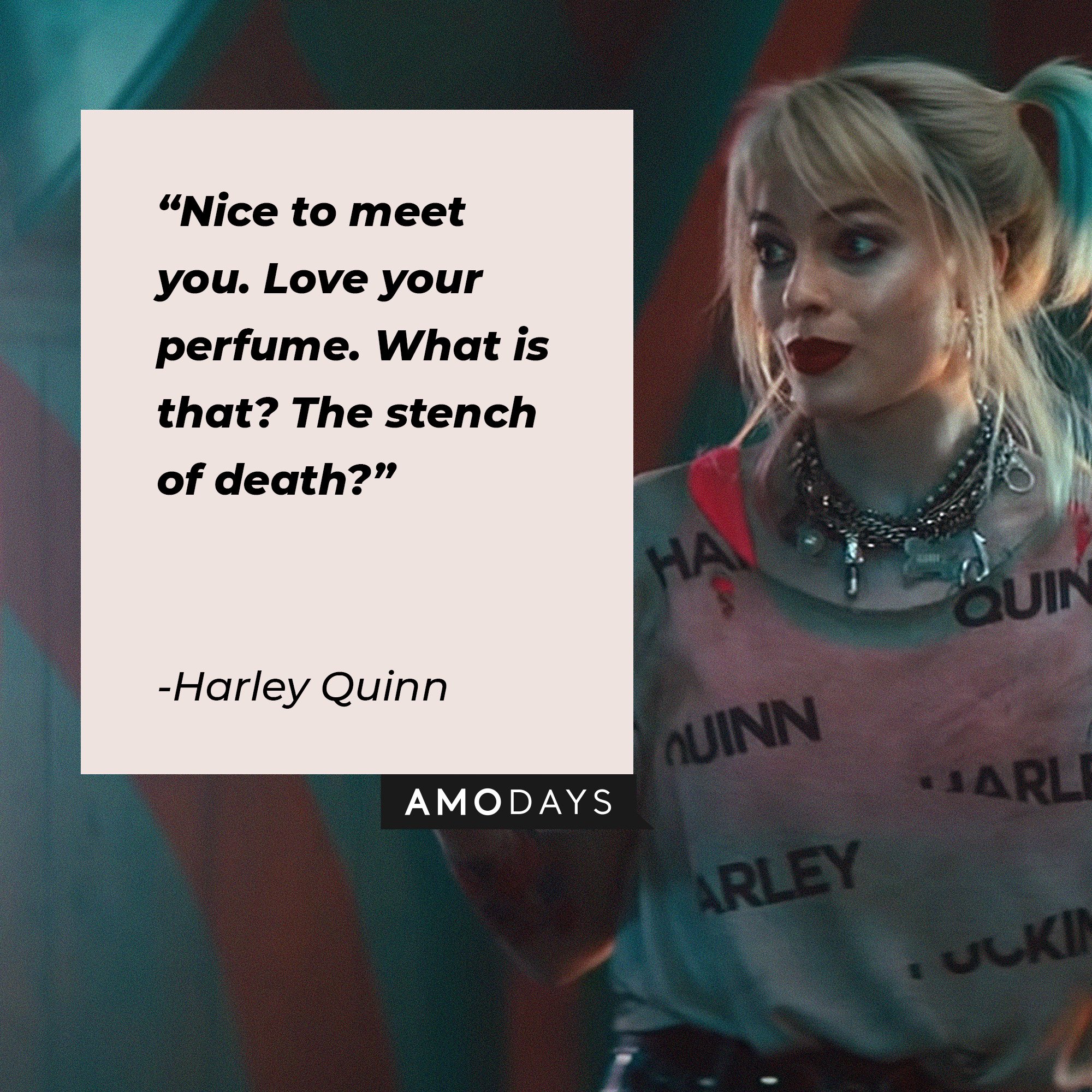 Harley Quinn’s quote: “Nice to meet you. Love your perfume. What is that? The stench of death?”  | Source: Image: AmoDays
