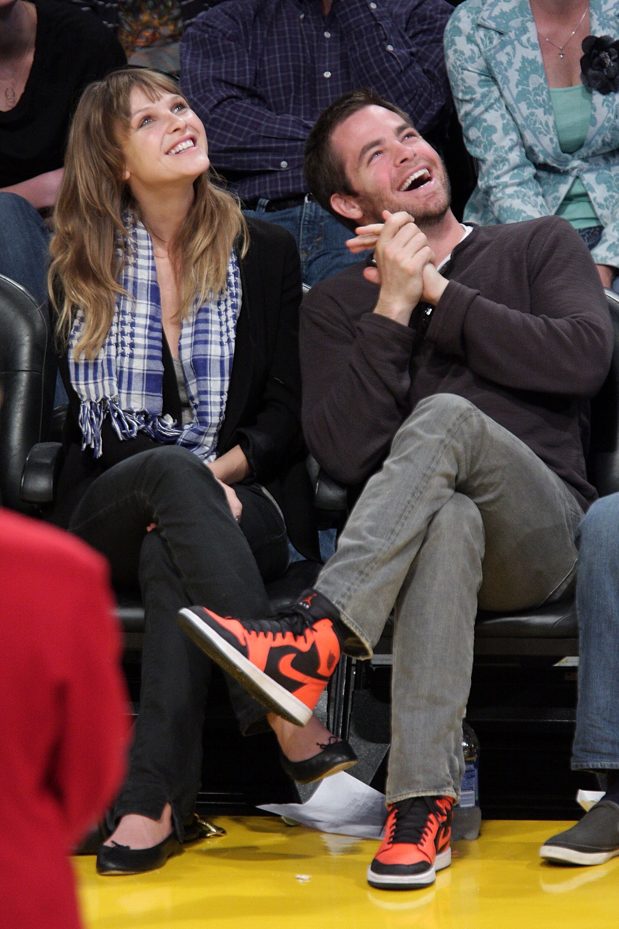 Chris Pine and Beau Garrett are photographed the Los Angeles Lakers vs. Dallas Mavericks game at Staples Center in Los Angeles | Sources: Getty Images