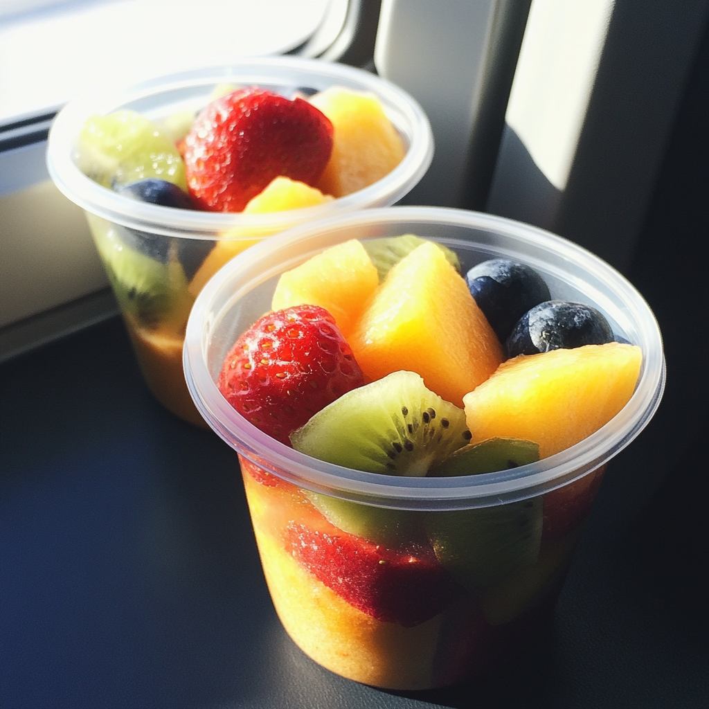 Copos de frutas em um avião | Fonte: Midjourney