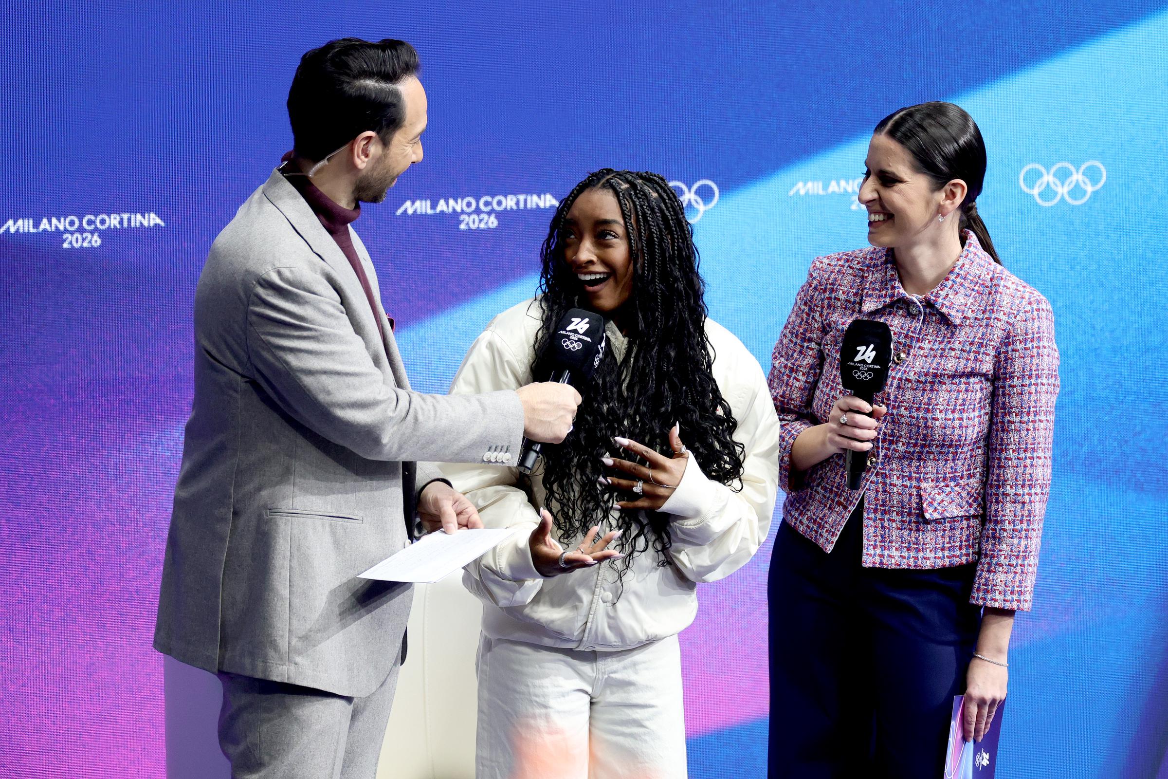 Simone Biles attends the Men Single Skating during the Winter Olympic Games at Milano Ice Skating Arena on February 13, 2026, in Milan, Italy | Source: Getty Images