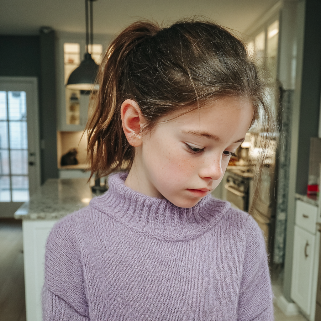 An upset little girl wearing a lilac sweater | Source: Midjourney