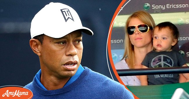 Golfer Tiger Woods during a golf event. [Left] | Tiger Woods' Ex wife Elin Nordegren with their kid at an outdoor event. [Right] | Photo: Getty Images