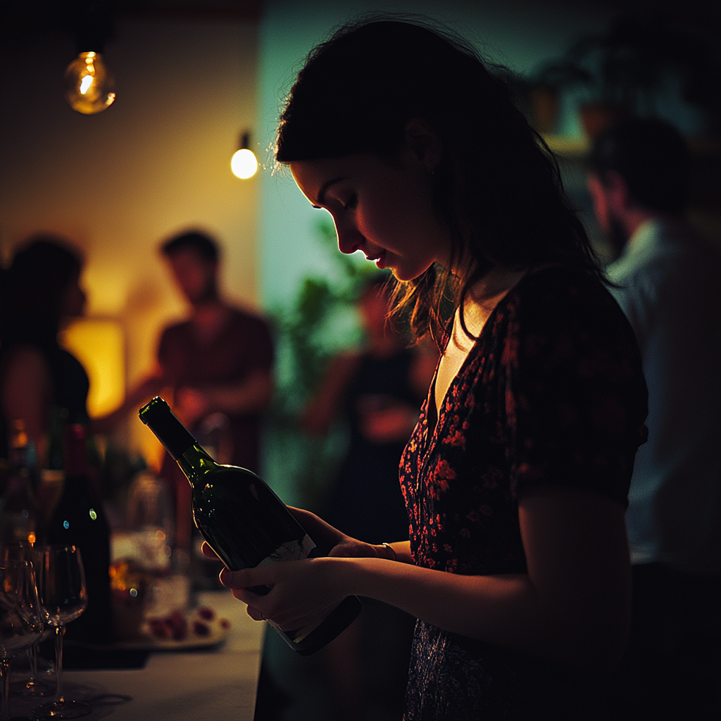 A woman holding a bottle of wine at a party | Source: Midjourney