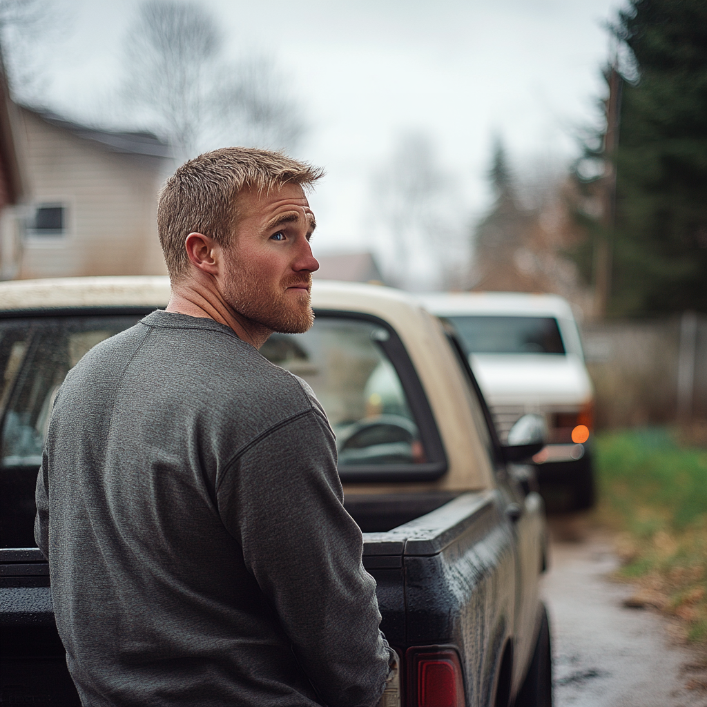 An unamused and irritated man standing near the back of his truck | Source: Midjourney