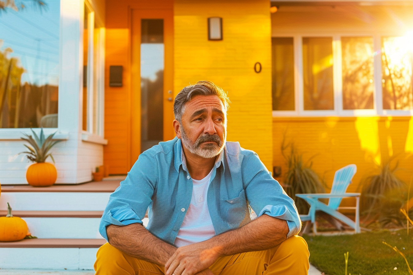 A worried man in front of a house | Source: Midjourney