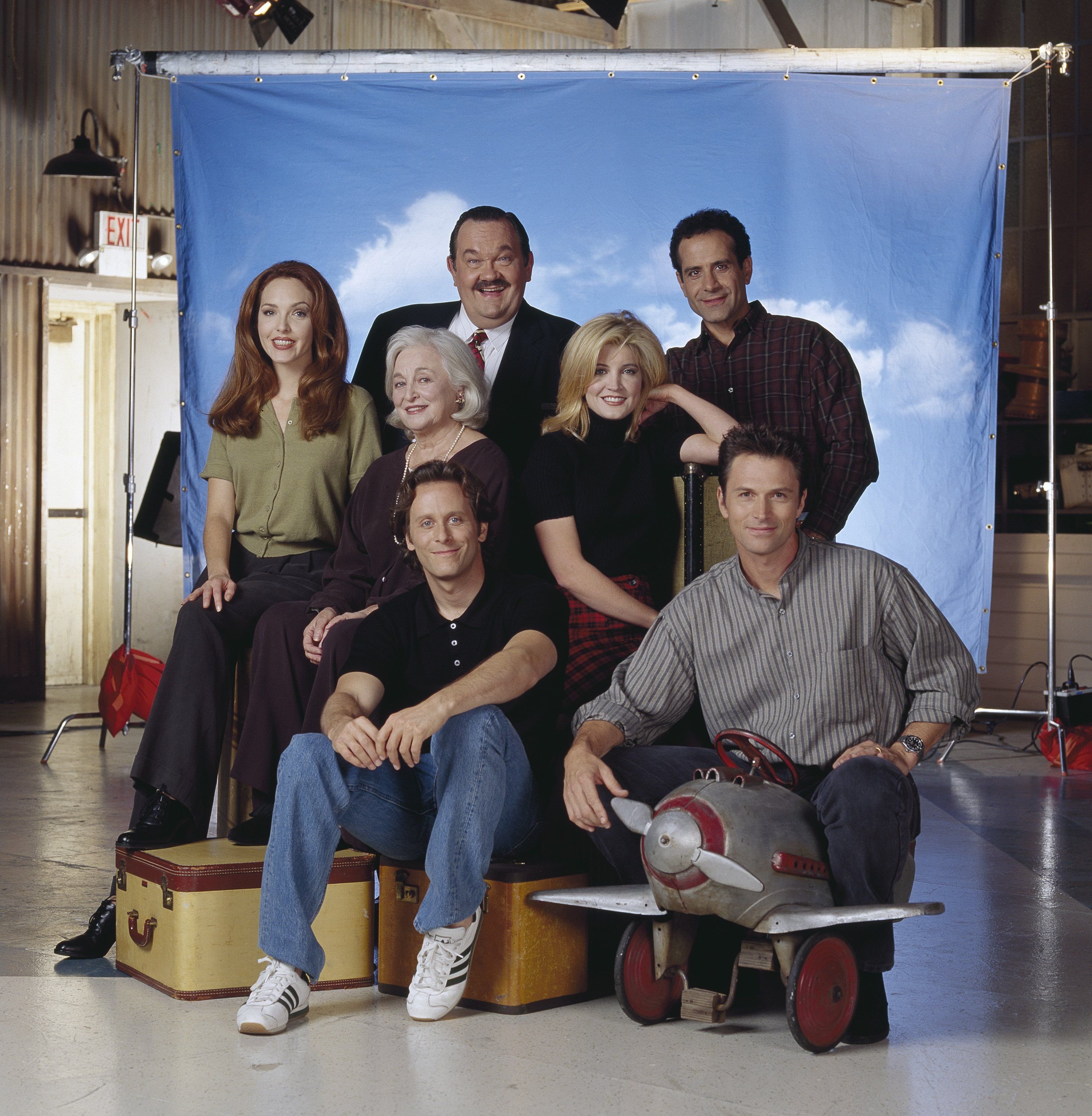 David Schramm, Tony Shalhoub, (center, l-r) Amy Yasbeck, Rebecca Schull, Crystal Bernard, (front, l-r) Steven Weber, Timothy Daly pictured on set of "Wings | Photo: Getty Images