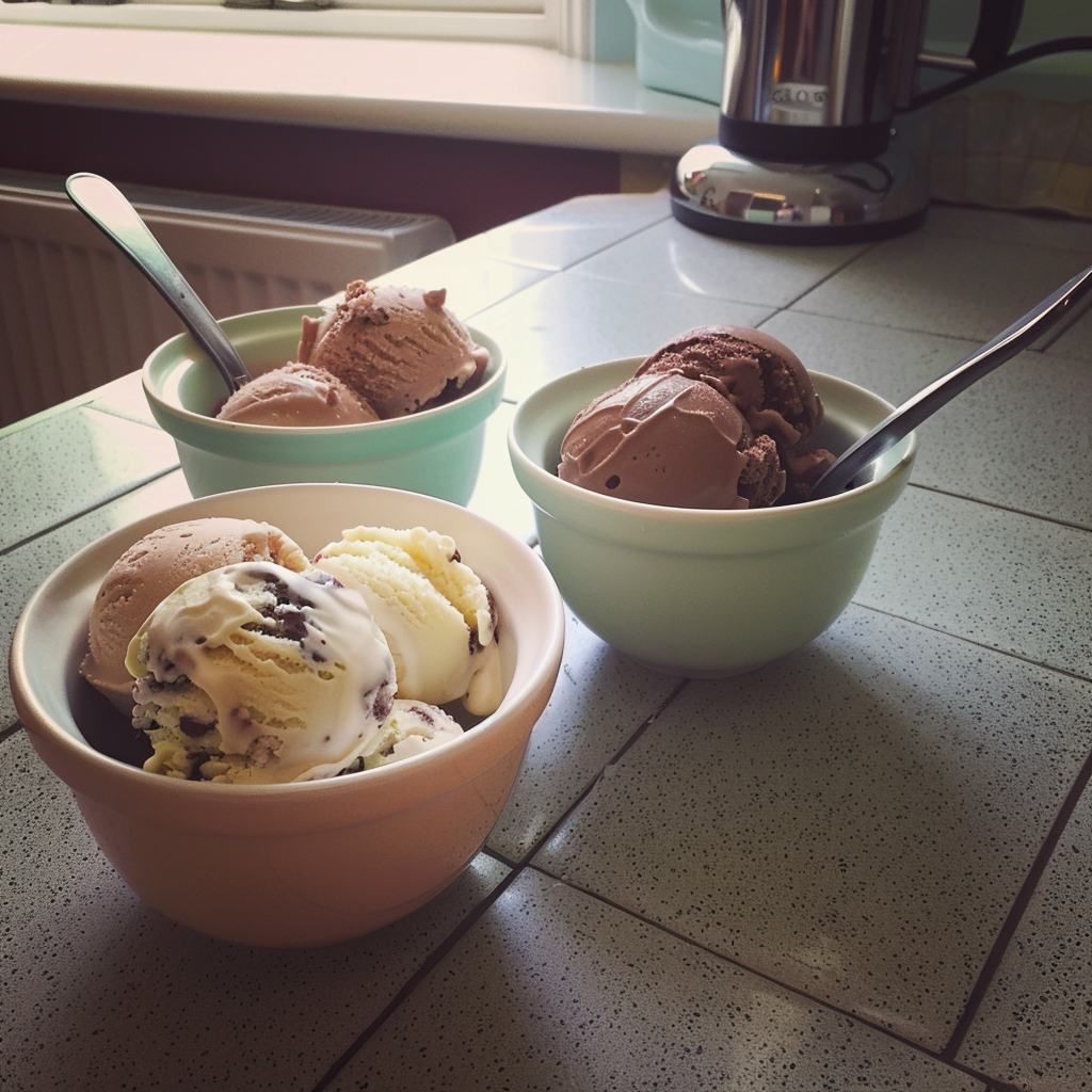 Bowls of ice cream on a counter | Source: Midjourney
