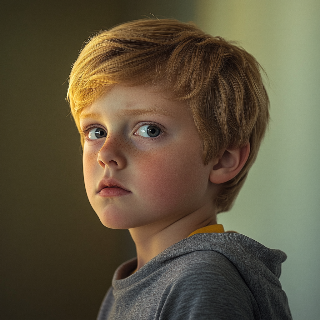 A little boy looks at someone while standing in a room | Source: Midjourney