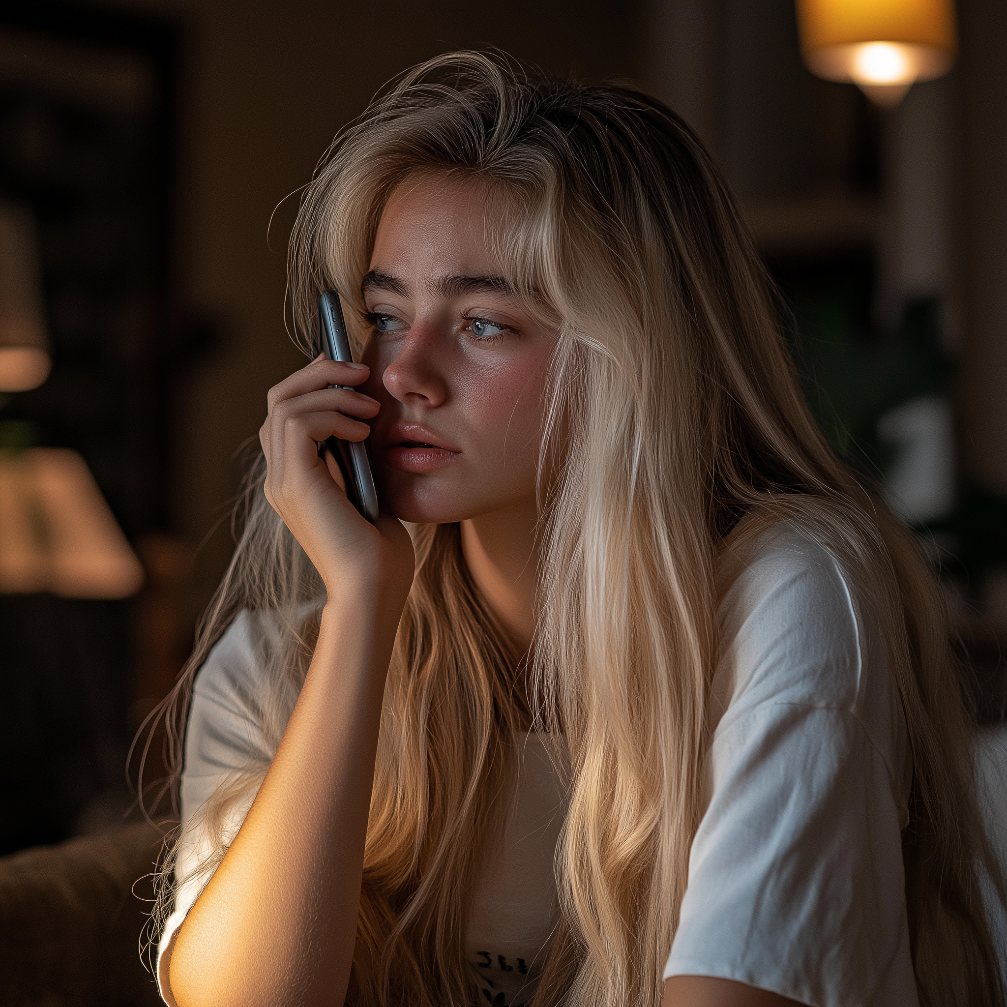 A woman looks upset while talking on her phone | Source: Midjourney