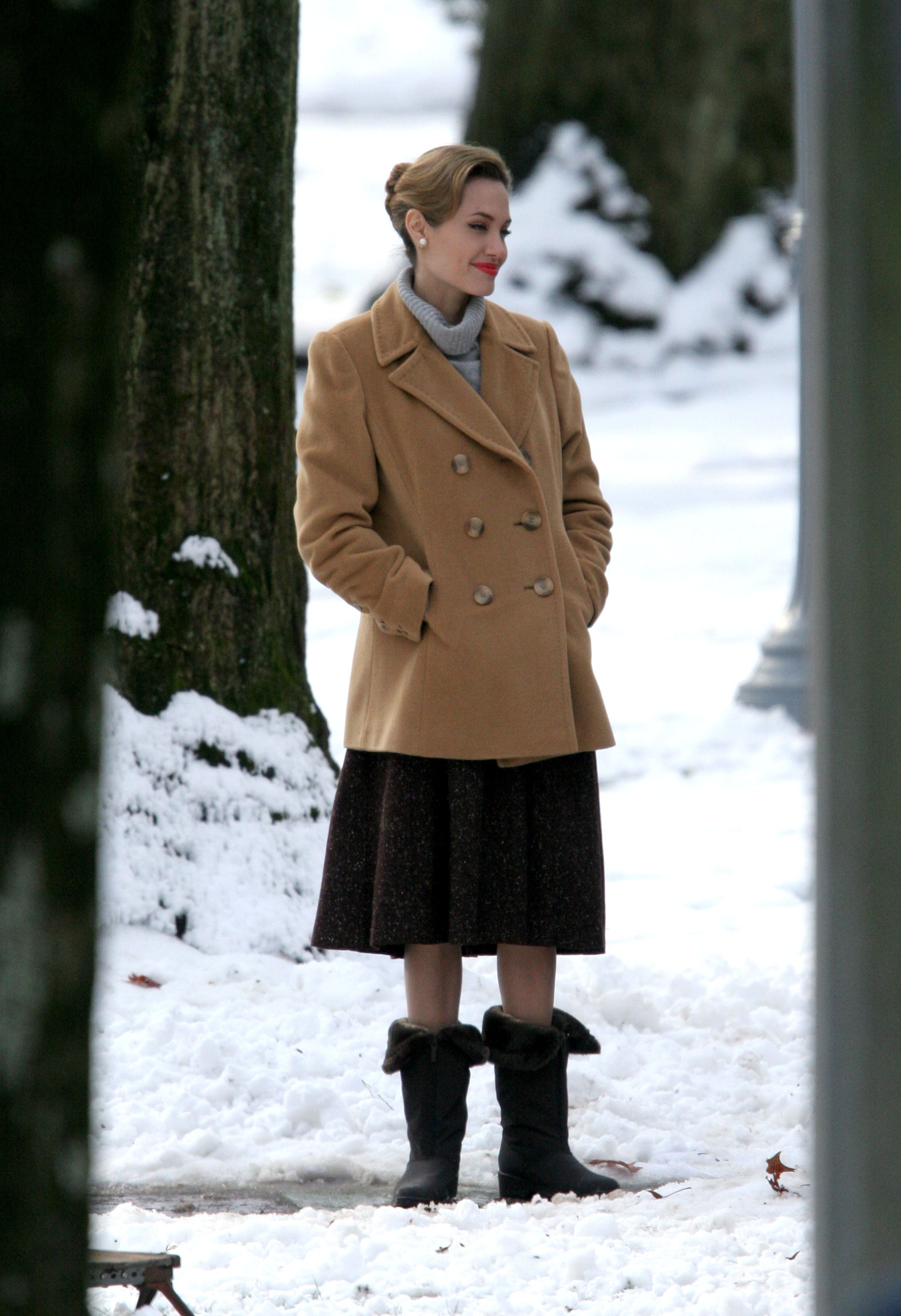 Angelina Jolie on location for "The Good Shepherd" on December 6, 2005, in Long Island, New York. | Source: Getty Images