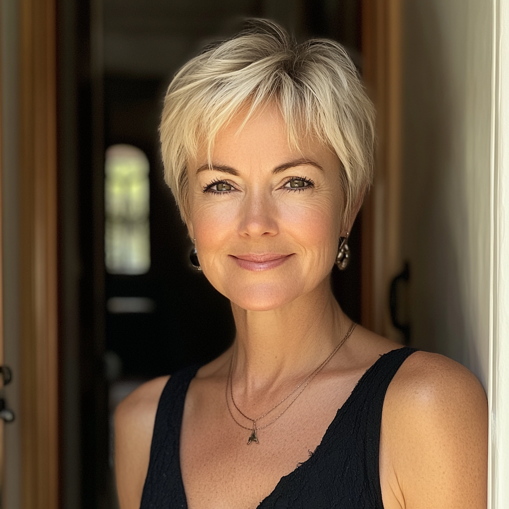 A smiling woman in a doorway | Source: Midjourney