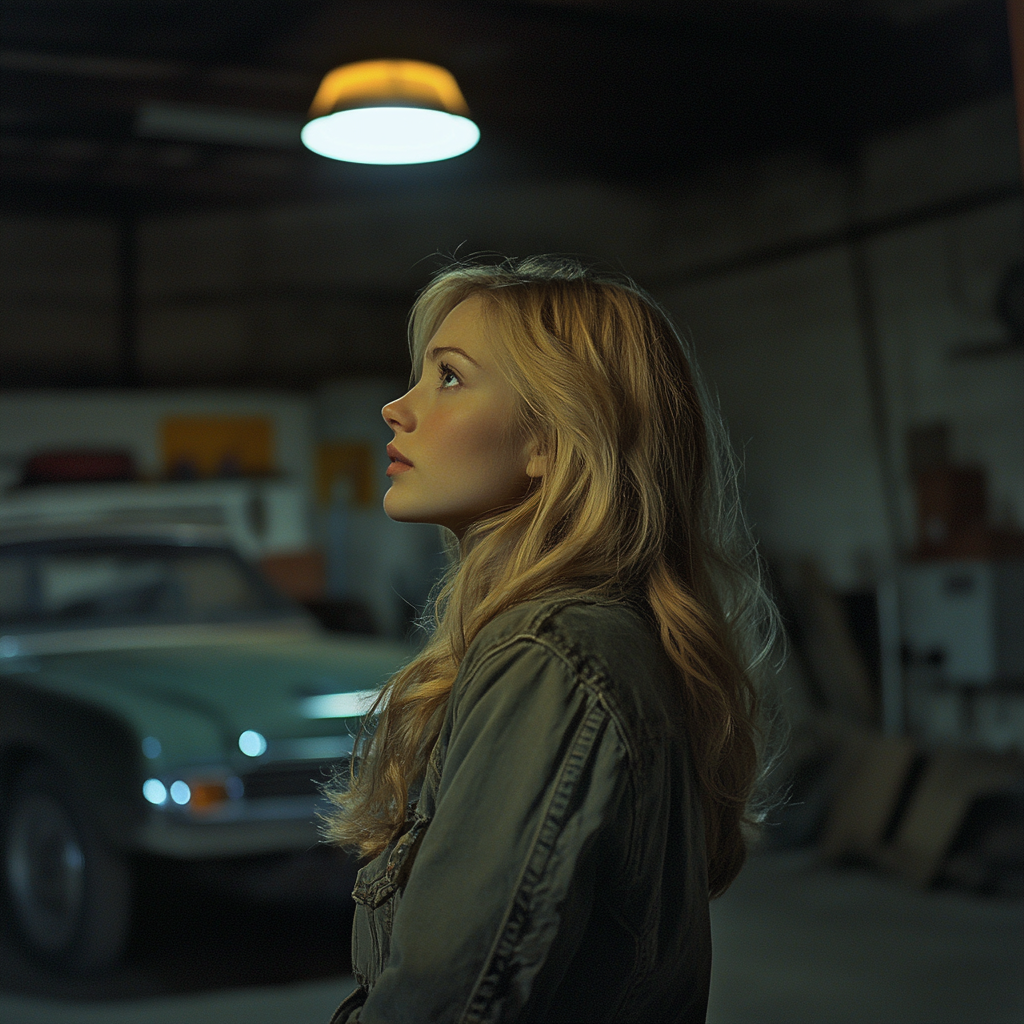 A nervous woman in a garage | Source: Midjourney