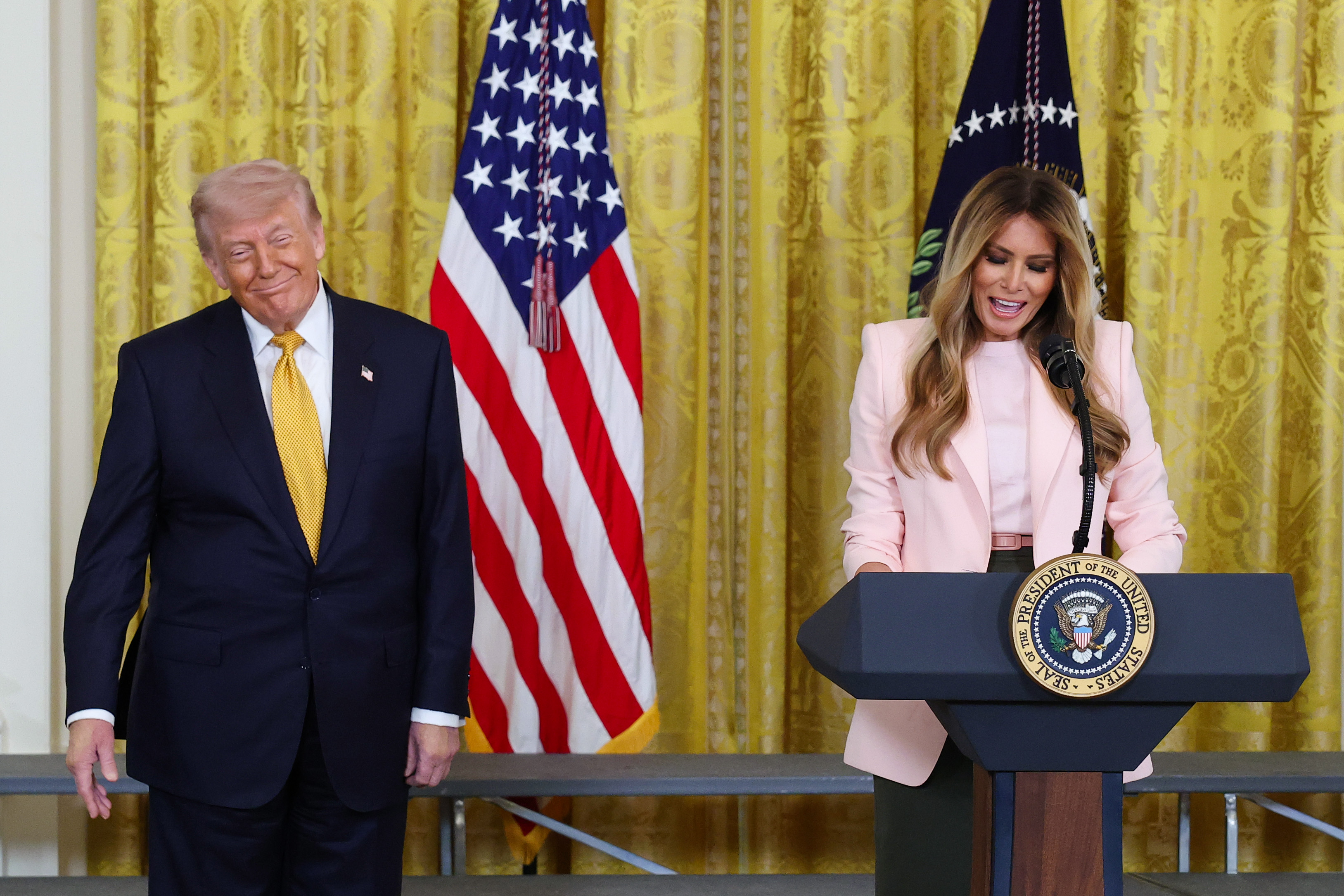 Melania Trump makes a statement alongside Donald Trump during a military mothers celebration at the White House on May 6, 2026, in Washington, DC | Source: Getty Images