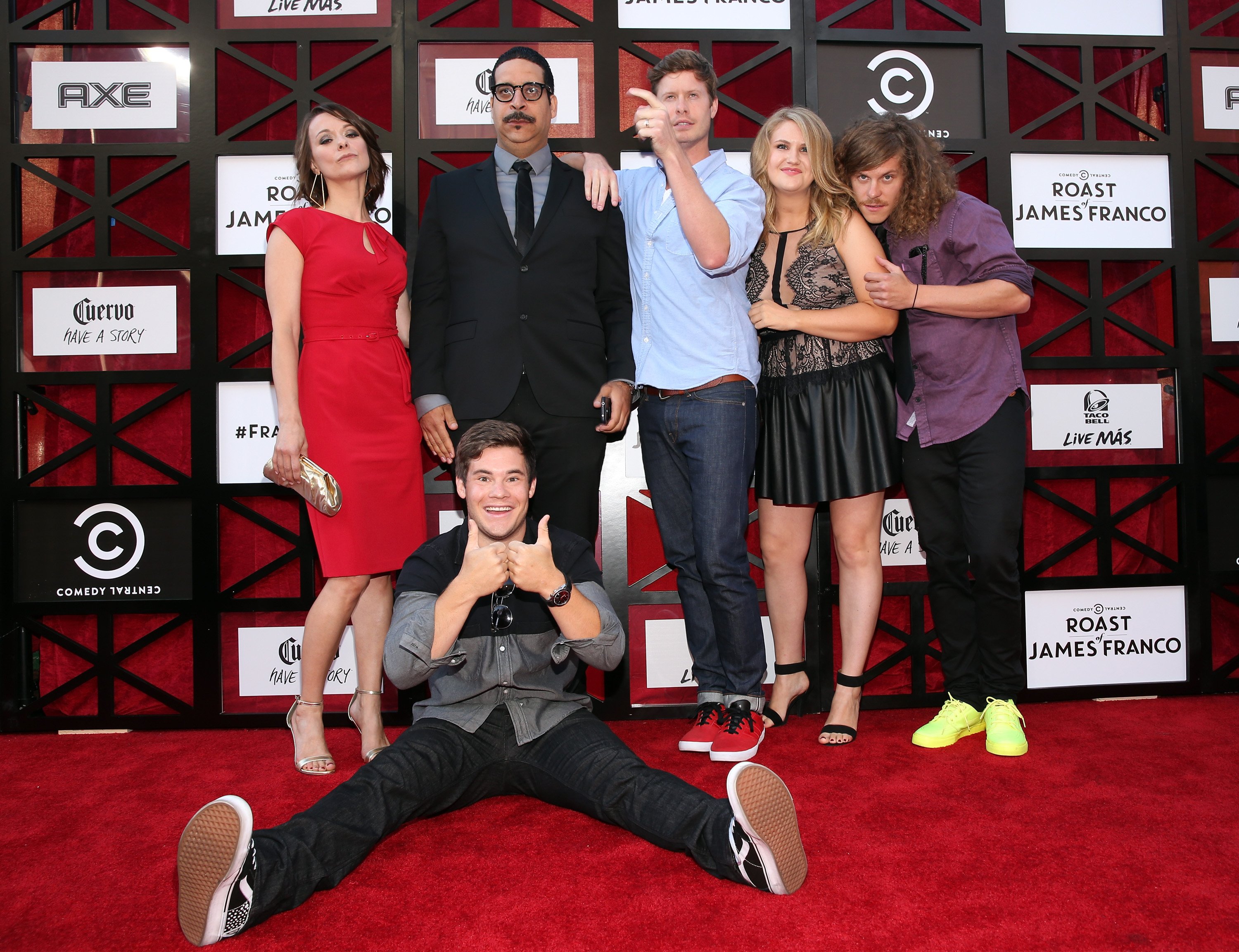 From left to right: Maribeth Monroe, Adam DeVine, Erik Griffin, Anders Holm, Jillian Bell, and Blake Anderson at "The Comedy Central Roast of James Franco" held at Culver Studios in Culver City, California, on August 25, 2013. | Source: Getty Images