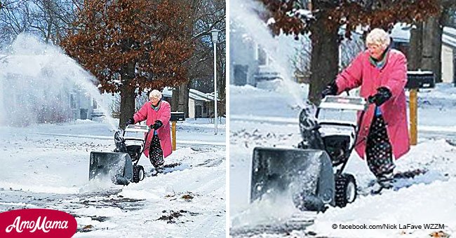 Michigan grandma in pink coat, 82, goes viral for snowblowing her driveway in the freezing cold 