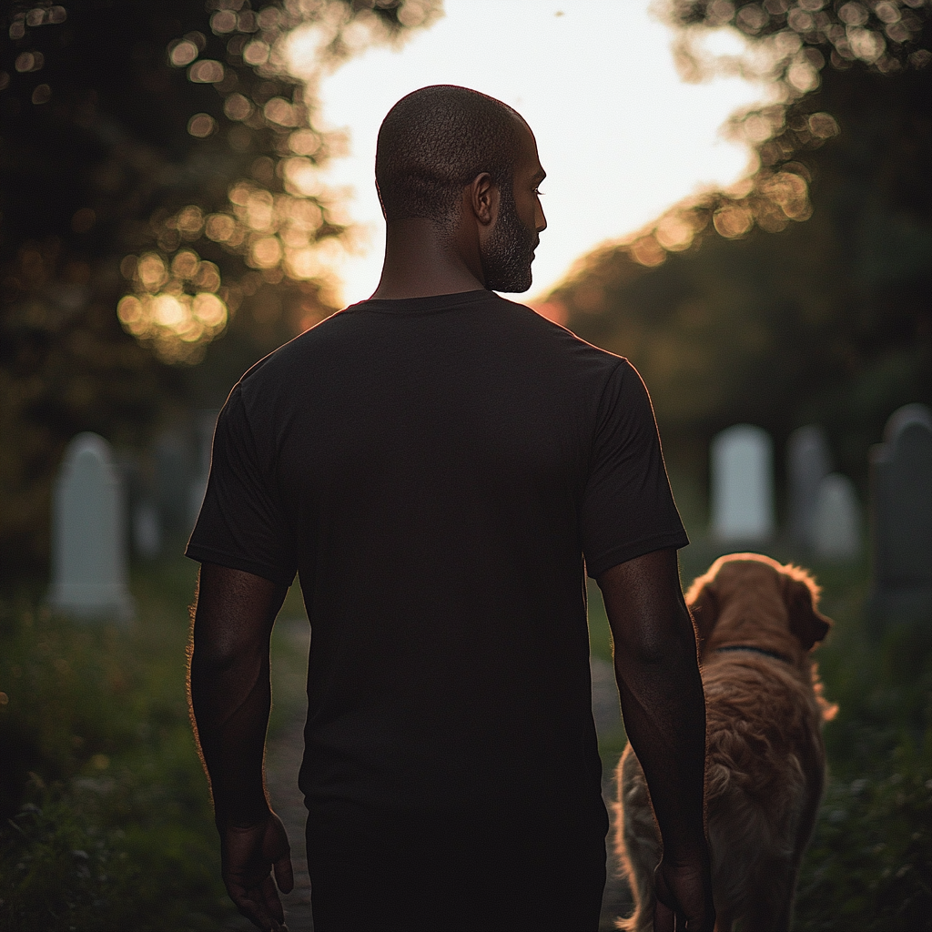 A man with a dog in a cemetery | Source: Midjourney