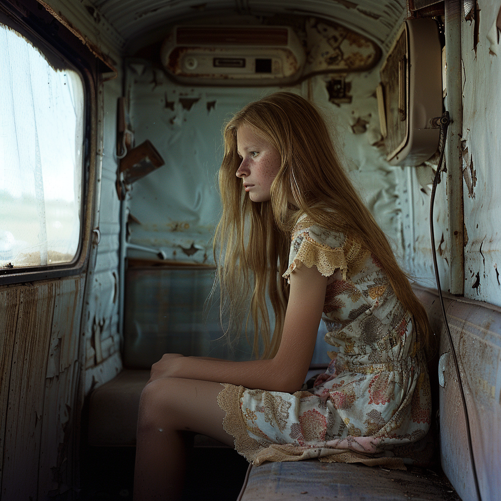 A girl inside a dilapidated trailer | Source: Midjourney