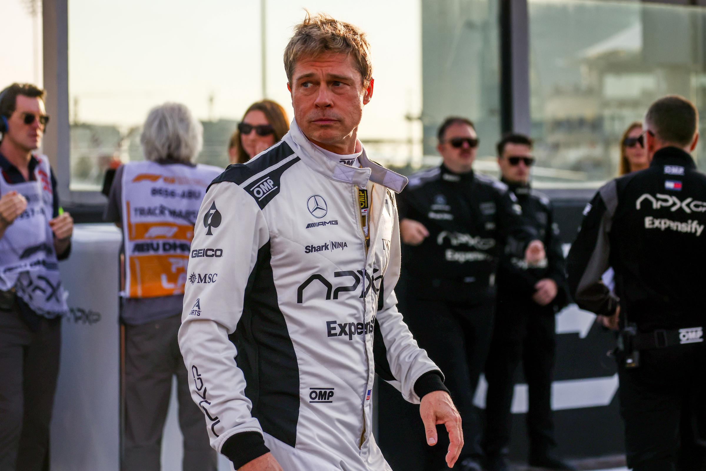 Brad Pitt as Sonny Hayes in the upcoming "F1" movie in a scene ahead of the Formula 1 Abu Dhabi Grand Prix on December 8, 2024, in United Arab Emirates | Source: Getty Images