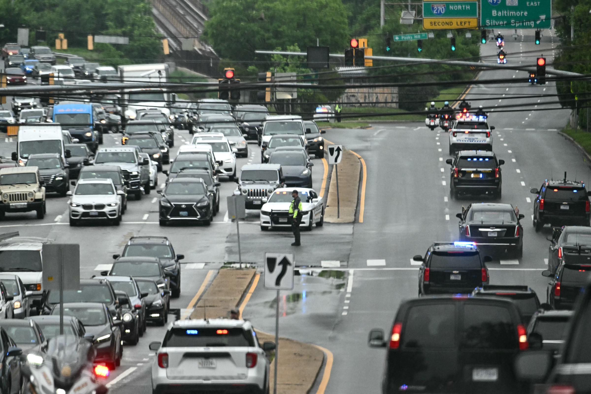 President Donald Trump's motorcade travels on Maryland Route 355 as it makes its way to Interstate 495 after departing Walter Reed National Military Medical Center in Bethesda, Maryland, on May 26, 2026 | Source: Getty Images