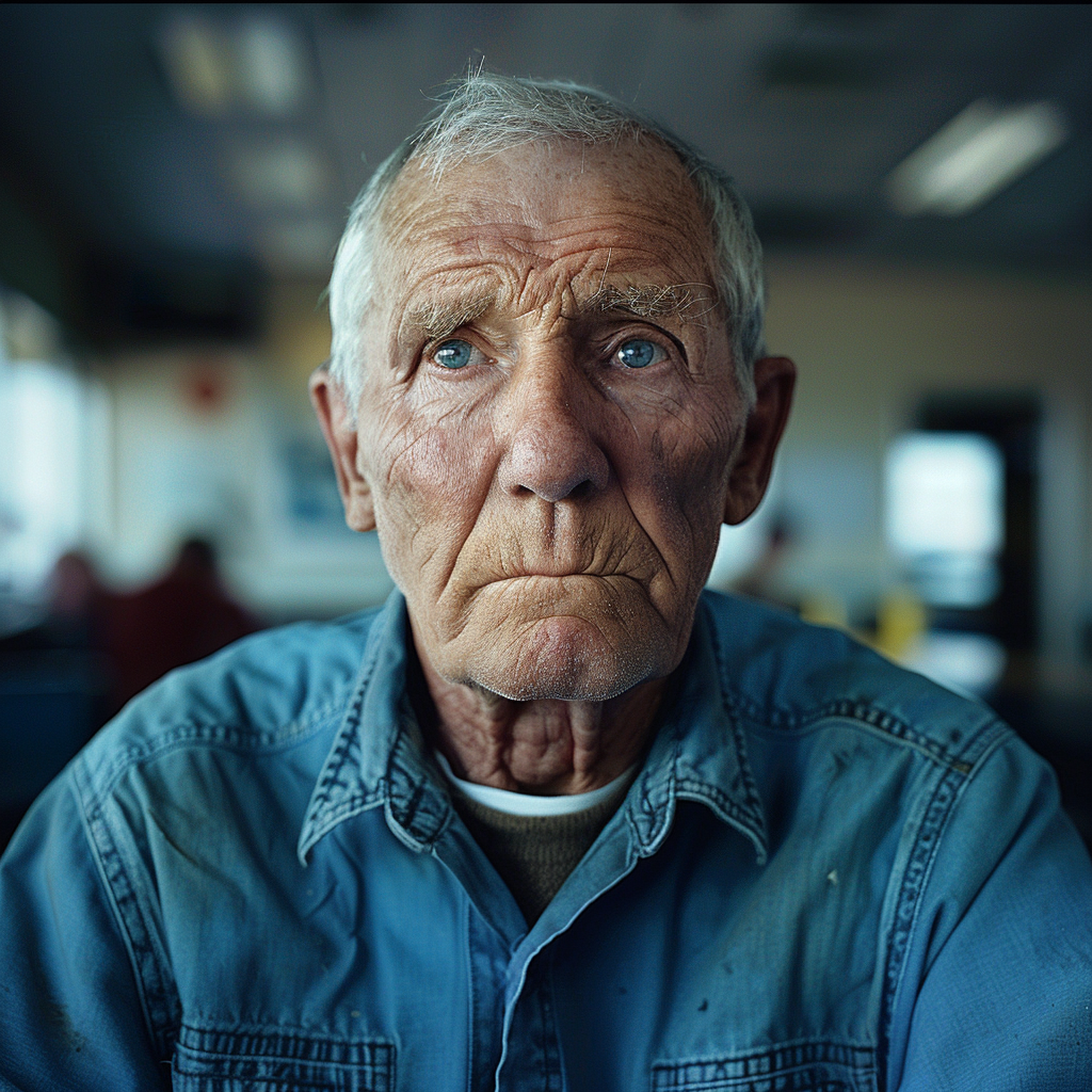 An elderly janitor gets emotional while sitting in a hospital cafeteria | Source: Midjourney