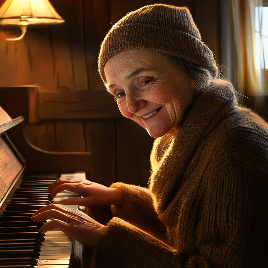 A cheerful older woman playing the piano | Source: Midjourney