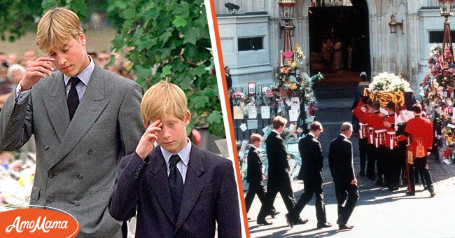 Left: Young Princes William and Harry on the day before their mother's funeral. Right: William and Harry follow behind their mother's casket on the day she was laid to rest on September, 6, 1997 | Source: Getty Images