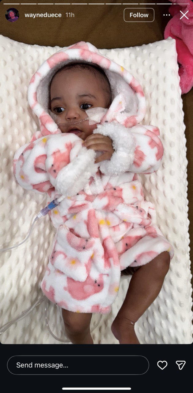 Baby Codi Dreaux in a hooded robe, from a post dated February 9, 2026. | Source: Instagram Story/wayneduece
