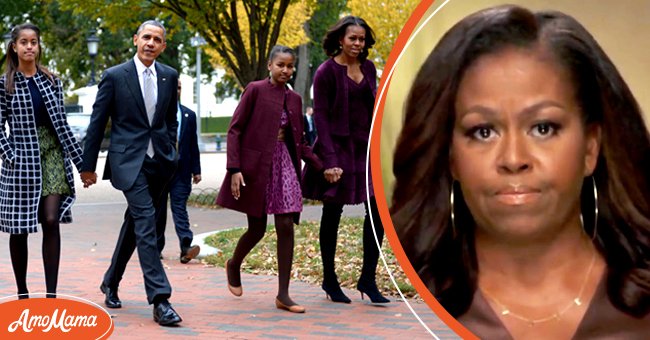 Barack and Michelle Obama with their daughters Malia and Sasha as they walk through Lafayette Park to St John's Church on October 27, 2013 [left], Photo of Michelle Obama at the 2020 Democratic National Convention [right] | Source: Getty Images