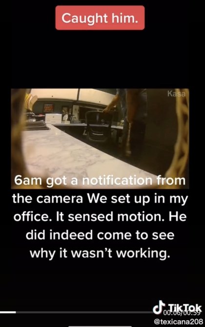 Vanessa Lee captured the moment the alleged stalker came into her office to check the camera. | Source: tiktok.com/@texicana208
