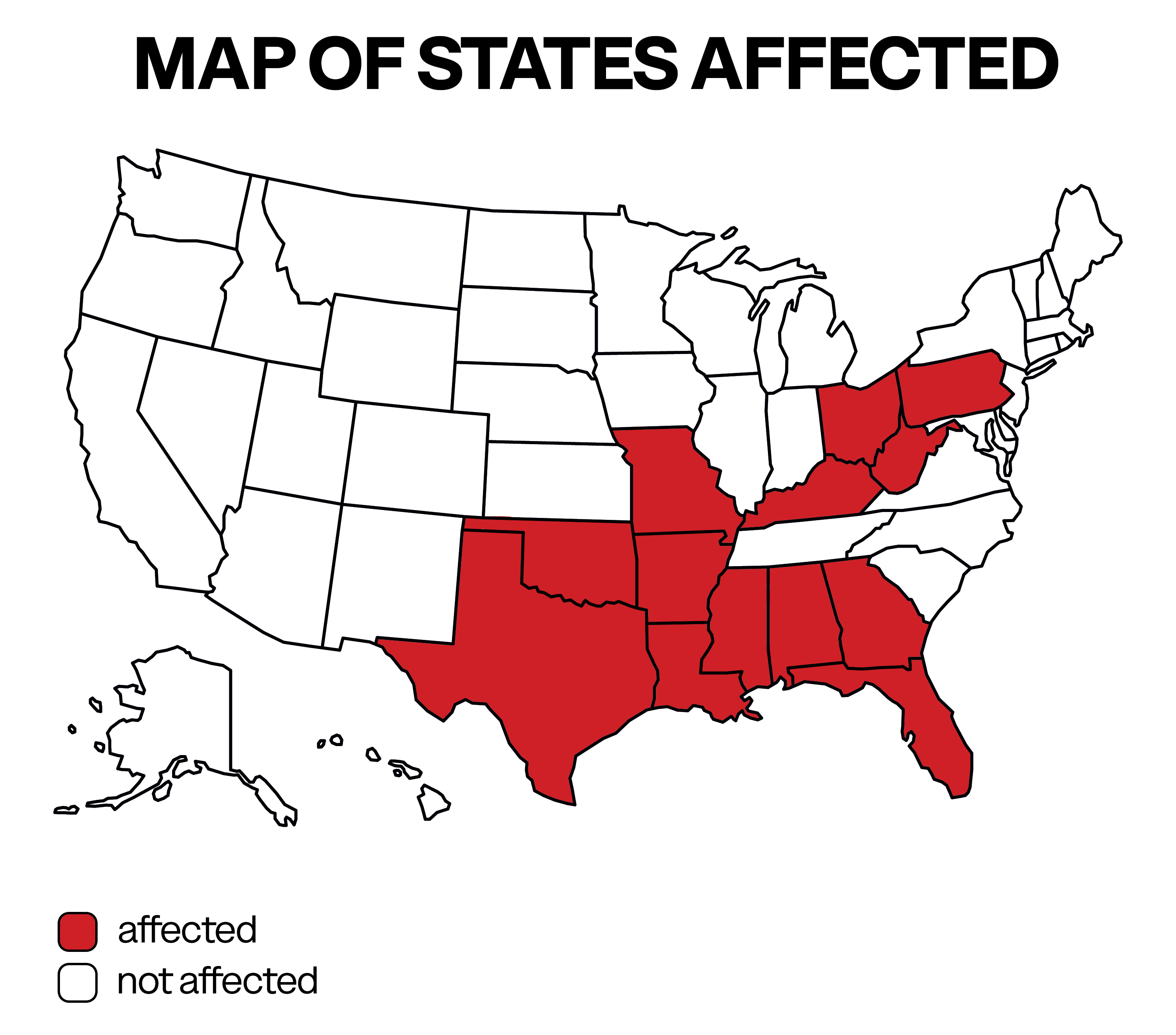 A map showing the affected U.S. states in red. | Source: Amomama/For Illustration purposes