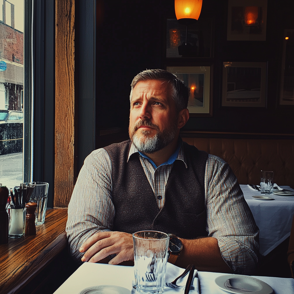 An older man sitting at a table | Source: Midjourney