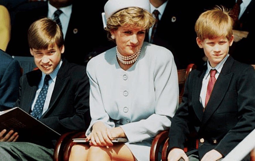 Princess Diana and her sons Prince William and Prince Harry sit front row at the Heads of State VE Remembrance Service in Hyde Park, on May 7, 1995, in London, England | Source: Anwar Hussein/Getty Images