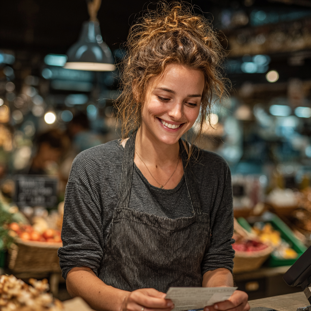 A happy cashier reading a note | Source: Midjourney