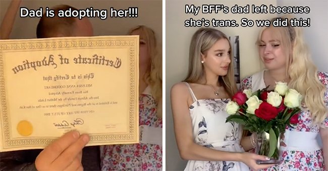 A girl gives flowers to her trans best friend just before her father symbolically adopts her friend and shows off the symbolic certificate | Photo: TikTok/grace.hylandd