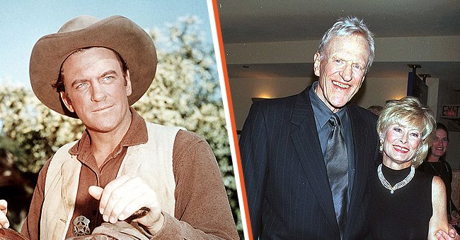 American actor James Arness (1923 - 2011) as Marshall Matt Dillon in the TV western series "Gunsmoke," circa 1960 [left]. James Arness and wife at the Autry Museum's 11th Anniversary Gala Celebration. [right] | Photo: Getty Images