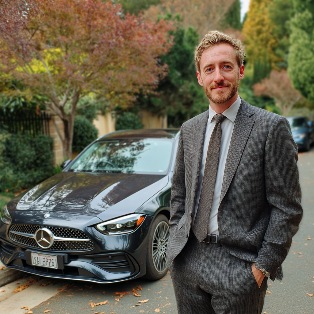 A smiling man standing next to a car | Source: Midjourney