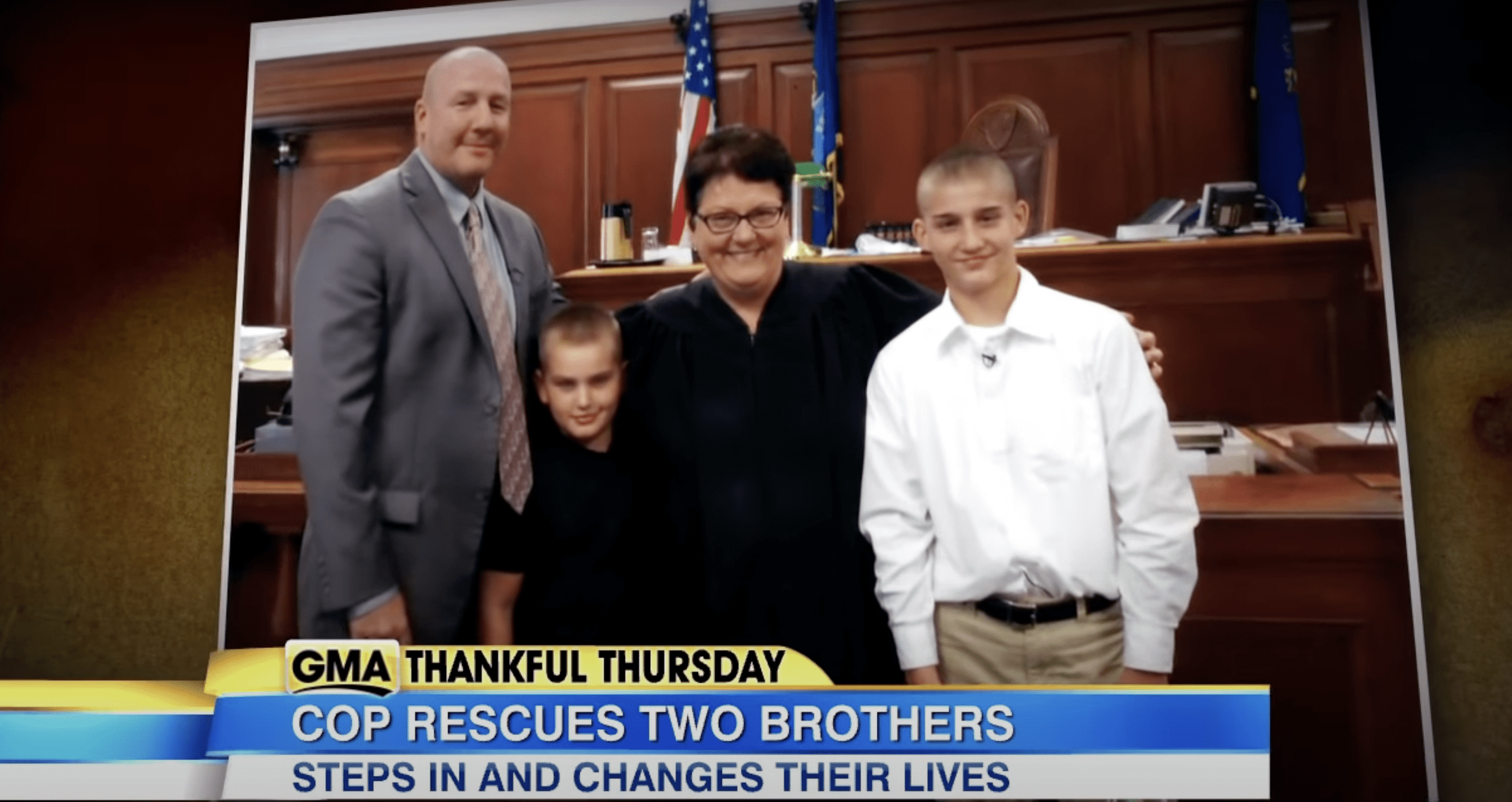 [Left to Right] Jack Mook, Jesse, Court Judge, and Josh at the official adoption hearing. | Source: youtube.com/ABC News 