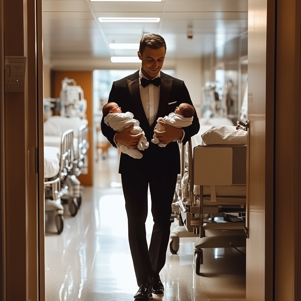 A man in a suit walking in a hospital | Source: Midjourney