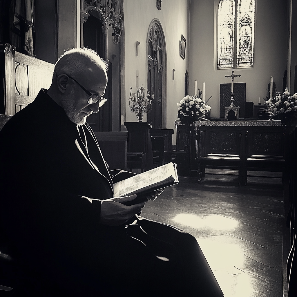 A priest sitting in a church | Source: Midjourney