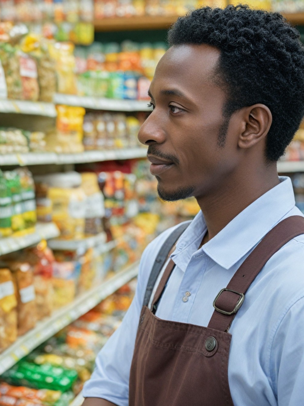 A grocery store clerk standing in an aisle | Source: Midjourney